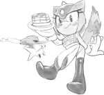 1boy 1girl 2023 anthro apron apron_only cuffs eyes_popping_out fang_the_sniper female_focus greyscale hat holding_food hybrid icydirtball jerboa lizard mostly_clothed mostly_nude multicolored_tail nack_the_weasel pancake reptile scalie sega sketch sonic_the_hedgehog_(series) spikes_(anatomy) steam sungazer_lizard tail trip_the_sungazer wolf