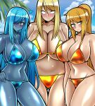  2024 3_girls beach big_breasts bikini blonde_hair blue_hair dark_samus female_only huge_breasts iriomote_umineko metroid nintendo sa-x samus_aran tagme 