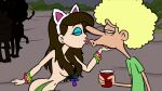  about_to_kiss cat_ears clothed_male_nude_female completely_nude_female debbie_(good_vibes) glowstick_bracelet good_vibes hair_covering_breasts nude_beach pacifier palm_trees party rave tagme woodie_stone 