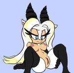  1girl 2018 aether_brightheart black_gloves black_stockings blue_eyes bovid breasts ears_down enviouslunarcan frown gazelle hand_on_thigh horns legs_spread long_hair looking_down mad mammal mostly_nude multicolored_hair nipples original_character pink_nipples pussy sonic_oc sonic_robo_blast_2 sonic_the_hedgehog_(series) stockings white_fur white_hair 