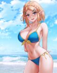 1girl alluring arms_behind_back azto_dio aztodio bare_shoulders beach big_breasts bikini blonde_hair blue_bikini blue_eyes blue_sky blush cleavage collarbone hair_ornament hairclip looking_at_viewer navel nintendo ocean open_mouth parted_bangs pointy_ears princess_zelda shore short_hair sidelocks sky smile swimsuit the_legend_of_zelda the_legend_of_zelda:_tears_of_the_kingdom thighs