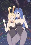 2_girls absurd_res alluring alternate_breast_size animal_ears big_breasts black_leotard black_neckwear blonde_hair blue_eyes blue_hair bow bowtie champagne champagne_flute cleavage collar confetti cowboy_shot cup detached_collar drinking_glass elf facing_viewer fake_animal_ears fire_emblem fire_emblem_awakening fireworks hair_between_eyes high_res hover_hand hugging leotard long_hair looking_at_viewer lucina lucina_(fire_emblem) medium_breasts multiple_girls night night_sky nintendo open_mouth pantyhose parted_bangs playboy_bunny pointy_ears princess_zelda rabbit_ears rabbit_tail red_5 sidelocks sky smile standing strapless strapless_leotard tail the_legend_of_zelda the_legend_of_zelda:_a_link_between_worlds thighs white_collar wine_glass wrist_cuffs