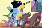 3boys anal animal_genitalia animal_penis anthro anthro_on_anthro balls bandit_heeler black_nose bluey_(series) boy_in_girls_one-piece_swimsuit boy_in_girls_swimsuit boy_in_one-piece_swimsuit boy_in_swimsuit buttplug buttplug_in_swimsuit buttplug_under_swimsuit caluriri canid canine canine_genitalia canine_penis canis crossdressing crossdressing_male crossover domestic_dog dragon dreamworks fellatio friendship_is_magic furry hasbro knot male male/male male_only mammal masturbating_during_fellatio masturbation mr._wolf_(the_bad_guys) my_little_pony one-piece_swimsuit oral penis rimming spike_(mlp) spikes tail the_bad_guys wings wolf yaoi