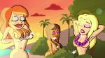  3_girls bushes completely_nude_female flower_necklace good_vibes hair_over_breasts nude_beach nude_female palm_trees sunset 