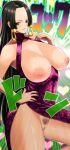  big_breasts black_hair blush boa_hancock didd_ley dress ear_piercing looking_at_viewer one_piece pubic_hair purple_dress purple_eyes smile snake_earrings thick_thighs thighs vaginal 
