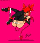  1girl artist_name ass bigdead93 black_thighhighs blush clothed collar disgaea elbow_gloves etna legwear lipstick looking_at_viewer panties pink_background pink_lipstick red_eyes solo stockings tail thighhighs topless white_panties wings 