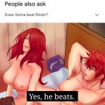big_breasts cowgirl_position english_text fucked_silly google horny_female kobayashi_rindou muscular_male on_bed open_mouth red_hair shokugeki_no_souma text_box used_condom yellow_eyes