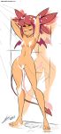  1girl arms_behind_head arms_up artist_name bat_wings bigdead93 censored closed_eyes convenient_censoring disgaea etna lipstick mirror nude parted_lips pink_lipstick red_hair shower soap solo spade_tail standing tail thighs wings 