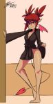  1girl bathrobe bigdead93 cleavage disgaea etna looking_at_viewer pointed_ears red_eyes red_hair robe shiny shiny_skin smile solo standing tail thighs wings 