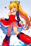  aged_up ai_generated blonde_hair blush boots capcom dress_lift green_eyes open_mouth panties ponytail ribbon rockman_(classic) roll_(rockman) simple_background water 