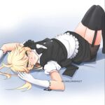 1boy 2d 2d_(artwork) aether_(genshin_impact) artist_name blonde_hair bottom_aether crossdressing digital_media_(artwork) femboy feminization garter_straps genshin_impact limelemons27 lying_on_back maid maid_outfit maid_uniform male male_only on_back simple_background solo_male thighhighs third-party_source uke_aether video_game_character video_games yellow_eyes