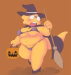 1_girl 1girl 2020s 2021 adorable alphys alphys_(undertale) alternate_costume anthro anthro_only aruput aruput_ut big_breasts black_cape blush breasts broom buckteeth cape chubby chubby_anthro chubby_female cute embarrassed female female_anthro female_only full_body glasses halloween hat lizard lizard_girl lizard_tail micro_bikini monster monster_girl non-mammal_breasts orange_background reptile reptile_girl reptile_tail scalie shoes simple_background solo solo_anthro solo_female sweat sweatdrop sweating swimsuit tail teeth thick_thighs thong thong_bikini undertale undertale_(series) video_game_character witch_hat yellow_body yellow_skin