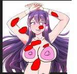 1girl blood huge_breasts purple_hair smiling_at_viewer transforms yuri_(doki_doki_literature_club)