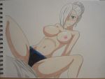  1girl blue_eyes blush breasts female female_human hair_over_one_eye human mostly_nude panties rwby spread_legs topless white_hair winter_schnee 