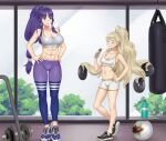 2girls abs alluring altina_(fire_emblem) athletic_female barbell big_breasts bike_shorts blonde_hair blue_eyes blue_hair bottle breasts dumbbell eating eitri_(fire_emblem) female_abs fire_emblem fire_emblem:_radiant_dawn fire_emblem_heroes fit_female gym high_res holding igni_tion long_hair medium_breasts multiple_girls nintendo orb prehensile_hair protein_bar punching_bag sports_bra sweat toned tray very_long_hair water_bottle wavy_hair