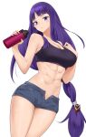  1girl 1girl abs absurd_res alluring altina_(fire_emblem) athletic_female blue_eyes blush bottle female_abs fire_emblem fit_female high_res igni_tion looking_at_viewer nintendo ponytail purple_hair short_shorts shorts sports_bra thighs water_bottle 