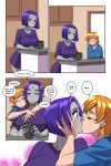 1older_and_1young_girl 2_girls age_difference aya_yanagisawa ben_10 closed_eyes coffee coffee_mug comic comic_page crossover dc_comics earrings gwen_tennyson kissing morning older_and_young_girl purple_eyes purple_hair rachel_roth raven_(dc) surprised teen_titans young young_adult young_adult_and_young_girl young_adult_female young_adult_woman young_girl younger younger_female yuri