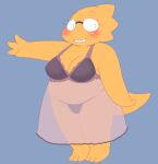 1girl 2020s 2021 adorable alphys alphys_(undertale) anthro anthro_only aruput aruput_ut blue_background bra breasts chubby chubby_anthro chubby_female cute female_anthro female_only glasses lingerie lizard lizard_girl lizard_tail looking_at_viewer monster monster_girl non-mammal_breasts panties purple_lingerie purple_underwear reptile reptile_girl reptile_tail scalie see-through see-through_clothes see-through_clothing solo_anthro solo_female tail thong undertale undertale_(series) yellow_body yellow_skin