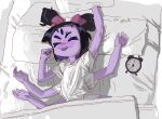 1_girl 1girl 2d 2d_(artwork) 5_eyes 6_arms adorable alarm_clock anthro anthro_only arachnid arthropod bed black_hair breasts clock clothing cute digital_media_(artwork) english_text female female_anthro female_only hair in_bed lying_on_back lying_on_bed monster monster_girl muffet multiple_arms multiple_eyes non-mammal_breasts on_bed pillow purple_body purple_skin short_twintails simple_background sleeping solo solo_anthro solo_female spider spider_girl t-shirt text third-party_source tongue tongue_out twintails twitter undertale undertale_(series) video_game_character video_games white_background zippers82496822 zippyart