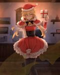 &gt;:( 1boy 2d 2d_(artwork) aether_(genshin_impact) blonde_hair blush bottom_aether christmas crossdressing digital_media_(artwork) embarrassed femboy femboy_only genshin_impact gift gift_box indoors kazeakisora long_hair looking_at_viewer male male_focus male_only present santa_hat santa_outfit solo_male submissive submissive_male thighhighs uke_aether video_game_character video_games yellow_eyes