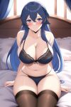 1girl alluring anime_lingerie big_breasts black_socks blue_eyes blue_lingerie breasts female_only female_solo fire_emblem fire_emblem_awakening hands_on_bed in_bed lingerie looking_at_viewer lucina_(fire_emblem) nightcore_(artist) nintendo pale-skinned_female sitting sitting_on_bed smile smiling_at_viewer straight_hair thick_thighs window zengai