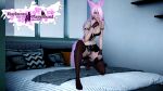 1girl 3d black_clothing female_only fox_ears fox_girl fox_humanoid fox_tail gloves lingerie on_bed on_the_bed pink_eyes pink_hair riaykura riaykuras_playground stockings tail