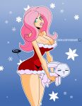  1girl breasts christmas christmas_outfit cleavage dress fluttershy fluttershy_(mlp) frostbiteboi human mlp my_little_pony:_friendship_is_magic pink_hair rabbit red_dress shiny shiny_skin solo_female solo_focus 