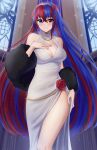 1girl alear_(female)_(fire_emblem) alear_(fire_emblem) alluring bead_necklace beads blue_eyes blue_hair breasts cleavage cleavage_cutout clothing_cutout crossed_bangs doiparuni dress dress_flower earrings fire_emblem fire_emblem_engage flower fur_shawl hair_flower hair_ornament hand_on_own_chest heterochromia high_res jewelry long_hair looking_at_viewer multicolored_hair necklace nintendo red_eyes red_hair shawl side_slit smile split-color_hair tiara two-tone_hair very_long_hair