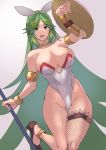  1girl alluring alternate_costume big_breasts breasts bunnysuit cosplay green_hair impossible_clothes kid_icarus leotard long_hair nintendo palutena revealing_clothes shield 