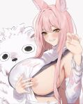 1girl animal_ear_fluff animal_ears areola_slip armpit_peek big_breasts blush breasts claw_pose clothes_pull covering_nipples dera_self detached_sleeves goddess_of_victory:_nikke grin hair_between_eyes hand_up high_res leona_(nikke) lion long_hair looking_at_viewer one_breast_out pasties pink_hair pulled_by_self shirt shirt_pull sideboob sideless_outfit sideless_shirt simple_background smile teeth timi_(nikke) turtleneck_shirt upper_body white_background white_shirt white_sleeves yellow_eyes