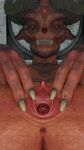 3d 3d_(artwork) anus blue_eyes cervix clitoris fangs female half-closed_eyes hands_on_pussy horns long_nails looking_at_viewer maddcatts monster pussy spread_pussy teeth upclose urethra