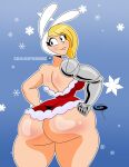  1girl adventure_time animal_hoodie ass big_ass blonde_hair bunny_ears butt_expansion cartoon_network chillguydraws christmas christmas_outfit dress female_only fionna_the_human frostbiteboi grin hood human long_hair looking_at_viewer looking_back mechanical_arm metal_arm red_dress robotic_arm smile solo_female solo_focus wide_hips 