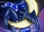  2014 anthro blue_eyes blue_fur blue_hair breasts crescent_moon cutie_mark equine eyelashes female friendship_is_magic fur furry hair half-closed_eyes horn long_hair lying mammal moon my_little_pony nipples nude on_back outside princess_luna resting solo suirano winged_unicorn wings 