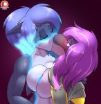  1girl anthro blush breast_squish breasts breasts_frottage cybernetics cyborg_(designation) duo female/female fin fish fleet_wing freckles furry glowing glowing_nipples high_res jackie kissing livia machine making_out marine nipples prosthetic shark squish stripes 