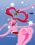  1girl alien alien_girl bent_over bubble_butt cartoon_network christmas dress frostbiteboi gem_(species) looking_at_viewer looking_back mistletoe mooning no_panties pink_hair pink_skin purple_eyes red_dress shiny shiny_skin solo_female solo_focus spinel spinel_(steven_universe) steven_universe twin_tails 