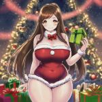 big_breasts brown_eyes brown_hair christmas christmas_outfit christmas_tree freckles gifts 
