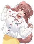 14_(vision5032) 1girl :3 absurd_res adapted_costume animal_ears blush bone_hair_ornament braid brown_eyes brown_hair collar collared_shirt dog_ears dog_girl dog_tail fangs hair_between_eyes hair_ornament heart high_res holding holding_hair hololive inugami_korone inugami_korone_(1st_costume) long_hair long_sleeves low_twin_braids nail_polish open_mouth sfw shirt sidelocks skirt smile tail twin_braids virtual_youtuber white_background white_shirt yellow_nails yellow_skirt