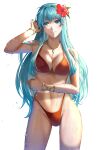  1girl 1girl alluring aqua_hair arm_up armlet big_breasts bikini blue_eyes breasts cleavage cowboy_shot delsaber eirika_(fire_emblem) fire_emblem fire_emblem:_the_sacred_stones fire_emblem_heroes flower groin hand_in_own_hair hibiscus high_res highleg highleg_bikini highleg_swimsuit navel nintendo official_alternate_costume red_bikini simple_background swimsuit wet white_background 