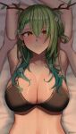  1girl antlers arm_behind_head arm_up armpit_crease armpits arms_behind_head arms_up bed bed_sheet big_breasts black_bra blush bra braid breasts bustier ceres_fauna cleavage collarbone flower green_hair hair_flower hair_ornament hair_over_shoulder high_res hololive hololive_english kotodekun lingerie long_hair looking_at_viewer lying mole mole_under_eye multicolored_hair on_back on_bed presenting_armpit side_braid single_braid smile streaked_hair underwear underwear_only virtual_youtuber yellow_eyes 