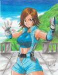 1girl 2020 alluring artist_name athletic_female belt belt_buckle big_breasts blue_jumpsuit blue_top breasts brown_eyes brown_hair buckle collarbone cowboy_shot crop_top day female_abs female_focus fingerless_gloves fit_female forest gloves jumpsuit kazama_asuka midriff_peek namco nature open_clothes outside ravern_clouk short_hair sky sleeveless sleeveless_jacket smile sports_bra tekken thick_thighs thighs traditional_media zipper