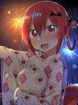 1girl :3 :d absurd_res arm_up backlighting bangle bat_hair_ornament big_breasts blush bracelet breasts commentary_request fang fireworks floral_print from_side gabriel_dropout glowing greatmosu hair_between_eyes hair_ornament hair_rings high_res japanese_clothes jewelry kimono long_sleeves looking_at_viewer night obi open_mouth outside outstretched_arm pink_eyes purple_eyes red_hair sash satanichia_kurumizawa_mcdowell sfw smile tareme upper_body white_kimono wide_sleeves yukata