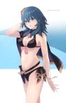 1girl 1girl alluring bikini black_bikini black_cape blue_eyes blush breasts byleth_(female) byleth_(female)_(fire_emblem) byleth_(female)_(summer)_(fire_emblem) byleth_(fire_emblem) byleth_(fire_emblem)_(female) cape cleavage commentary_request fire_emblem fire_emblem:_three_houses fire_emblem_heroes flower hair_between_eyes hair_flower hair_ornament hand_in_own_hair hibiscus high_res komurice long_hair looking_at_viewer medium_breasts navel nintendo official_alternate_costume parted_lips red_flower sheath sheathed short_sword stomach swimsuit sword teal_hair twitter_username weapon wet wet_hair