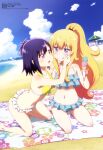 2_girls :d absurd_res barefoot beach bikini blanket blonde_hair blue_bikini blue_eyes blush cloud collarbone day food food_on_face frilled_bikini frills from_side front-tie_top gabriel_dropout gabriel_tenma_white hair_ornament hairclip high_res ice_cream kneel kuwabara_naoko long_hair megami_magazine multiple_girls navel o3o official_art open_mouth outside ponytail purple_eyes purple_hair scan short_hair sky smile swimsuit vignette_tsukinose_april wide_ponytail wiping_face x_hair_ornament yellow_bikini