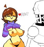 1_girl 1boy 1girl 2d 2d_(artwork) aged_up alternate_version_available animated_skeleton big_breasts black_panties breasts bulging_eyes closed_eyes digital_media_(artwork) eks-out embarrassed english_text female female_focus female_frisk female_human flashing flashing_breasts frisk frisk_(undertale) hetero huge_breasts human human_focus looking_at_another looking_at_breasts male male/female monster nipples open_mouth panties papyrisk papyrus papyrus_(undertale) seductive skeleton solo_focus spoken_heart straight striped_shirt text thick_thighs third-party_source twitter undead undertale undertale_(series) video_game_character video_games voluptuous white_background wide_hips yellow_body yellow_skin
