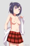 1girl bad_pixiv_id breasts cowboy_shot dress_shirt dressing female_only gabriel_dropout grey_background hair_ornament hairclip high_res long_sleeves looking_at_viewer medium_breasts miniskirt navel nipples no_bra nyaroon open_clothes open_shirt plaid plaid_skirt pleated_skirt purple_eyes purple_hair school_uniform shirt short_hair simple_background skirt solo_female vignette_tsukinose_april white_shirt x_hair_ornament