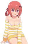  1girl bare_shoulders bat_hair_ornament big_breasts blush bra bra_strap breasts cleavage collarbone fang female_only gabriel_dropout hair_between_eyes hair_ornament high_res long_sleeves looking_at_viewer nyaroon off-shoulder_shirt off_shoulder open_mouth panties pink_eyes purple_panties red_hair satanichia_kurumizawa_mcdowell shirt simple_background sitting smile solo_female strap_slip striped striped_shirt thighs underwear white_background 