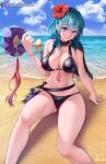 1girl achromaru alluring arm_support beach big_breasts bikini black_bikini breasts byleth_(female) byleth_(female)_(fire_emblem) byleth_(female)_(summer)_(fire_emblem) byleth_(fire_emblem) byleth_(fire_emblem)_(female) cleavage cloud day feet_out_of_frame fire_emblem fire_emblem:_three_houses fire_emblem_heroes flower green_hair hair_flower hair_ornament hand_up high_res holding horizon knife medium_hair nintendo official_alternate_costume outside red_flower sand shiny_clothes single_bare_shoulder sitting smile swimsuit teal_hair watermark web_address