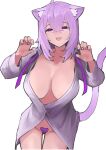  1girl :3 ahoge animal_ear_fluff animal_ears big_breasts bottomless breasts cat_ears cat_girl cat_tail claw_pose collared_shirt dismassd hair_between_eyes high_res hololive long_hair looking_at_viewer naked_shirt nekomata_okayu nekomata_okayu_(4th_costume) open_mouth paw_pose purple_eyes purple_hair purple_ribbon ribbon shirt smile standing tail virtual_youtuber white_shirt 