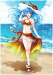  1girl 1girl :d absurd_res alluring alternate_costume aqua_eyes aqua_hair bare_shoulders beach bikini blue_sky bracelet breasts cleavage cloud collarbone eirika_(fire_emblem) fire_emblem fire_emblem:_the_sacred_stones full_body hat high_res jewelry long_hair looking_at_viewer midriff nail_polish navel nintendo ocean open_mouth red_bikini sand sandals sarong sky smile swimsuit very_long_hair yuino_(fancy_party) 