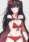  1girl 1girl alluring bare_shoulders big_breasts bikini black_cape black_hair breasts cape cleavage commentary cowboy_shot fire_emblem fire_emblem_awakening fire_emblem_heroes grey_background grey_eyes grin high_res long_hair looking_at_viewer navel nintendo o-ring o-ring_bikini official_alternate_costume peach11_01 red_bikini simple_background smile standing stomach swimsuit tharja tharja_(fire_emblem) tharja_(summer)_(fire_emblem) two_side_up very_long_hair 